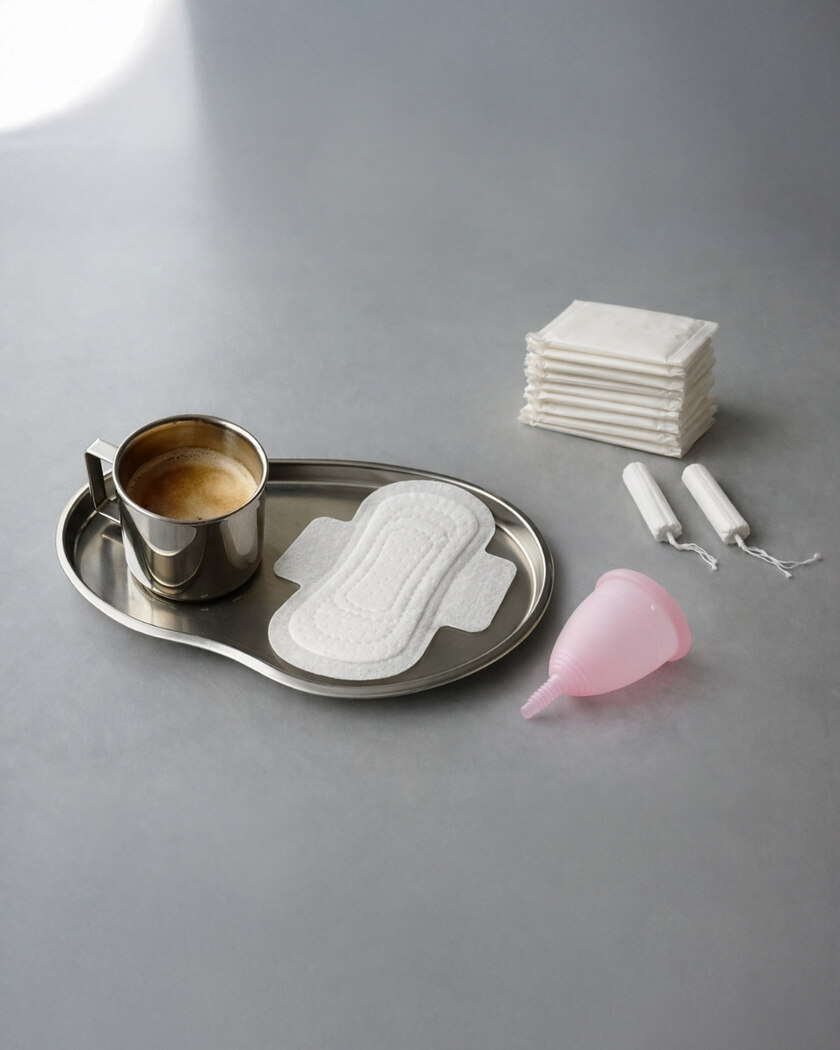 A coffee cup in metallic, a pad, and a stack of pads and a menstrual cup on a grey table